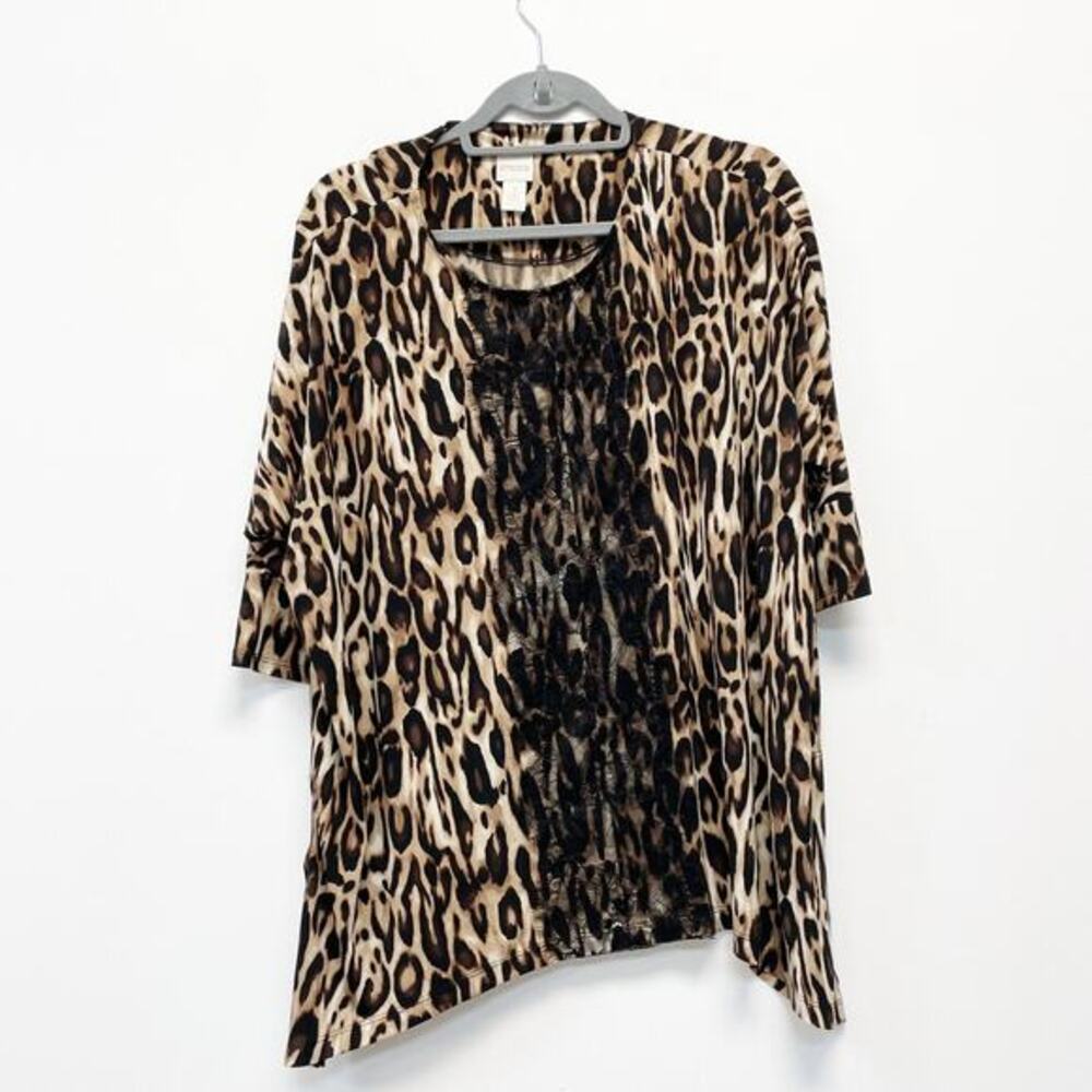 Chico's Womens 1‎ Brown Animal Print Black Lace Panel Asymmetrical Blouse Top